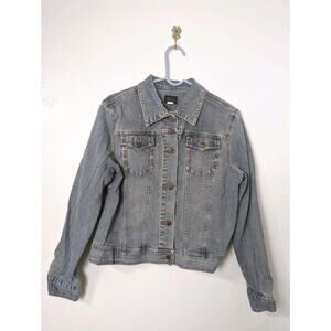 Riders Copper Collection Womens Size L Blue Jean Denim Jacket Stretch Distressed